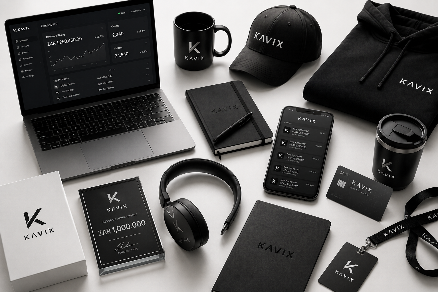 KAVIX brand kit — laptop, phone, notebook and apparel